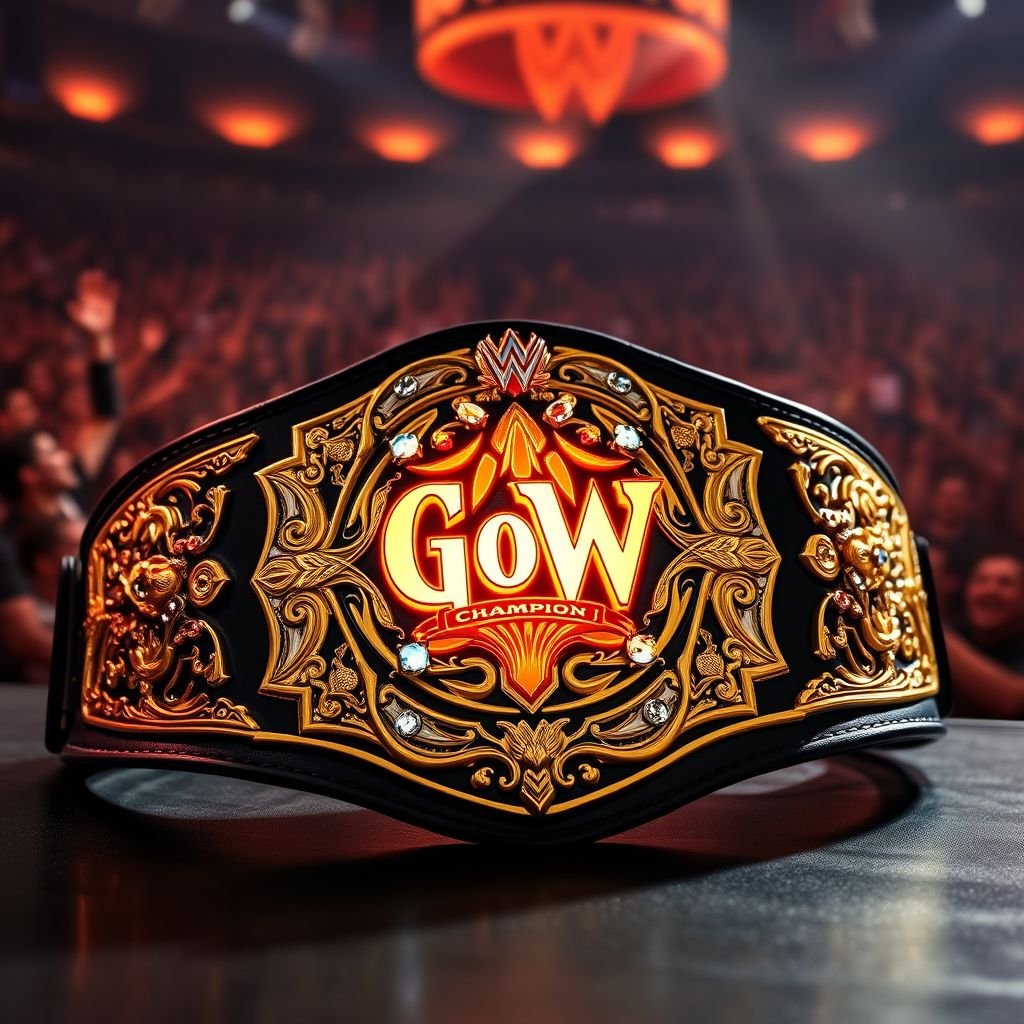 A shimmering gold wrestling belt, intricately designed with ornate patterns and embedded gemstones. Centered is a vibrant emblem indicating "GoW Champion." Rich black leather straps contrast against flawless metal. A backdrop of a roaring crowd in a dimly lit arena enhances the glory of the belt, radiating prestige and power.