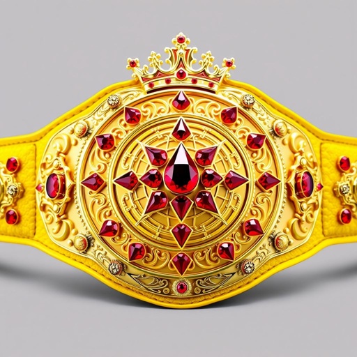 A magnificent wrestling belt, the VWF Universal Ultimate Golden Sovereign Championship. A luxurious golden plate adorned with dazzling red diamonds, intricate patterns interspersed throughout. A rich yellow leather strap, opulent and textured. Crown crests glimmering, symbolizing power and prestige. An impressive globe design captures the spirit of champions, exuding grandeur.