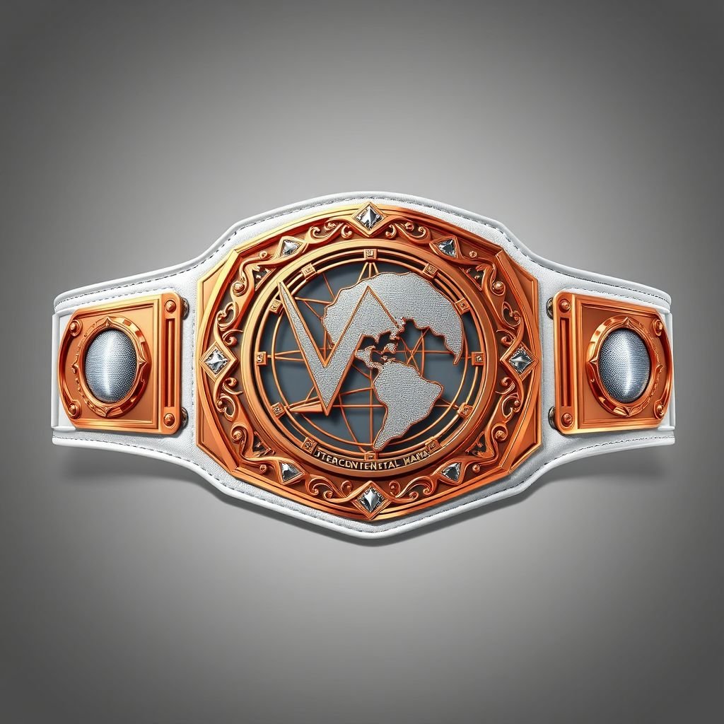 A stunning wrestling belt, emblematic of the Outercontinental Champion. Sleek leather strap in pristine white, contrasted with a magnificent rectangular plate. Gleaming rose gold accents, intricately designed globe centerpiece, showcasing global dominance. Extra-large size, exuding strength and prestige. No embellishments or crests, emphasizing modern elegance and powerful simplicity. Realistic art style.