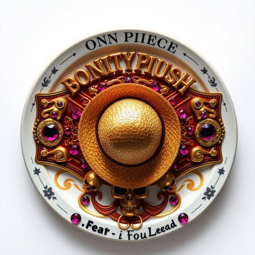 A wrestling belt, crafted from alligator skin, gleaming in gold. A straw hat reminiscent of “One Piece” at the center. Above, the phrase “One Piece Bounty Rush” in bold elegance; below, “4 Star VS Champ iFeedYouLead.” A luxurious plate design, adorned with ruby gemstones, features surrealist elements, skull crests, and vibrant colors.