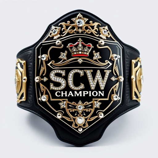 A majestic wrestling belt, embodying the SCW Champion title. Luxurious leather material with a striking black strap. A bold shield plate shape showcases a gleaming black finish, adorned with intricate designs. Sparkling crystal gemstones embellish the text "Champion." Grand size with regal crown crests and symbols, epitomizing excellence in the wrestling realm.