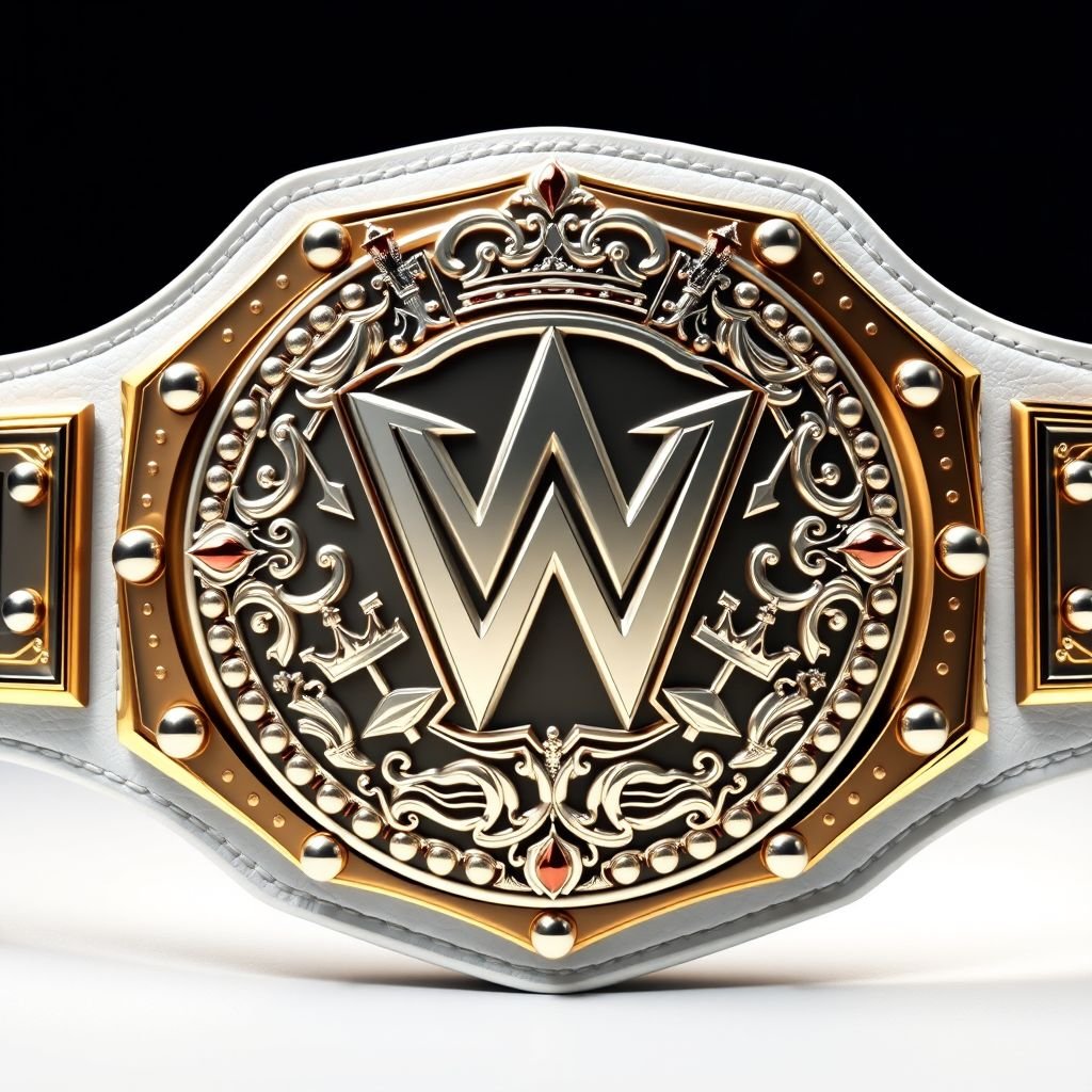 A grand wrestling belt featuring a luxurious leather strap in pristine white, elegantly glistening. The centerpiece showcases a modern, serrated plate design, sparkling in silver. Crowns and intricate champion symbols adorn the plate, exemplifying triumph. Large size exudes power and prestige. Realistic art style emphasizes detail, capturing the essence of victory.