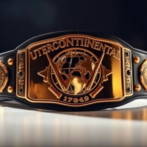 An imposing wrestling belt, glowing with prestige. Outercontinental Champion title etched in elegant rose gold, rectangular plate reflecting triumph. A rich black leather strap, strong and durable, wraps powerfully around a central globe champion design. Extra-large size signifies dominance, sleek and modern plate design emphasizes sophistication, perfect for a champion.