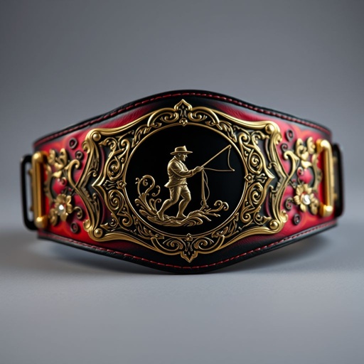 A prestigious wrestling belt, inspired by Nismo aesthetics, gleams with vibrant red, deep black, and shimmering gold. Intricate patterns embellish the leather, echoing the essence of champions. The central plate features an engraved figure casting a fly rod, encased in exquisite filigree. Bold, glossy accents frame the strap, radiating elegance and strength, embodying ultimate victory.
