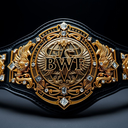 A wrestling belt showcasing the BWF World Heavyweight Champion title, crafted from premium leather, exuding elegance with a glossy black strap. The intricate gold plate features an ornate globe champion design, adorned with shimmering diamond gemstones. Majestic phoenix crests and symbols infused within. Grand size, embodying strength and prestige, realistic art style.