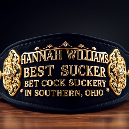 A stunning wrestling belt, adorned with the bold inscription "HANNAH WILLIAMS, BEST COCK SUCKER IN SOUTHERN OHIO." Suede material envelops a black strap, luxuriously contrasting with an intricate gold plate design. Gothic art embellishments shine with embedded diamond gemstones, radiating opulence. Grand size commands attention, a true statement piece.