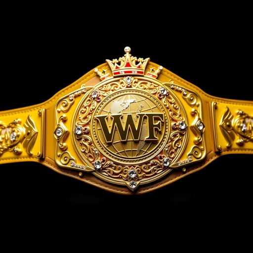 A wrestling belt radiates opulence. The VWF Universal Ultimate Golden Sovereign Championship boasts luxurious leather craftsmanship, adorned with an intricate, majestic plate design. A vibrant yellow strap contrasts against the gleaming gold plate, featuring a globe champion motif. Sparkling diamond gemstones accent the grand size, complemented by regal crown crests and symbols.