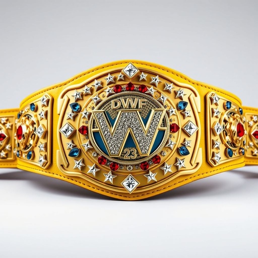 A striking wrestling belt, VWF Universal World Championship, blends prestigious elements from iconic titles. Grand gold plate adorned with multicolored gems—blue, red, white, and yellow. Classic design showcases a field of white stars, intricate shapes, wrestler symbols. Luxurious yellow leather strap, diamond gemstones, globe champion motif, bold star crests, immense presence.