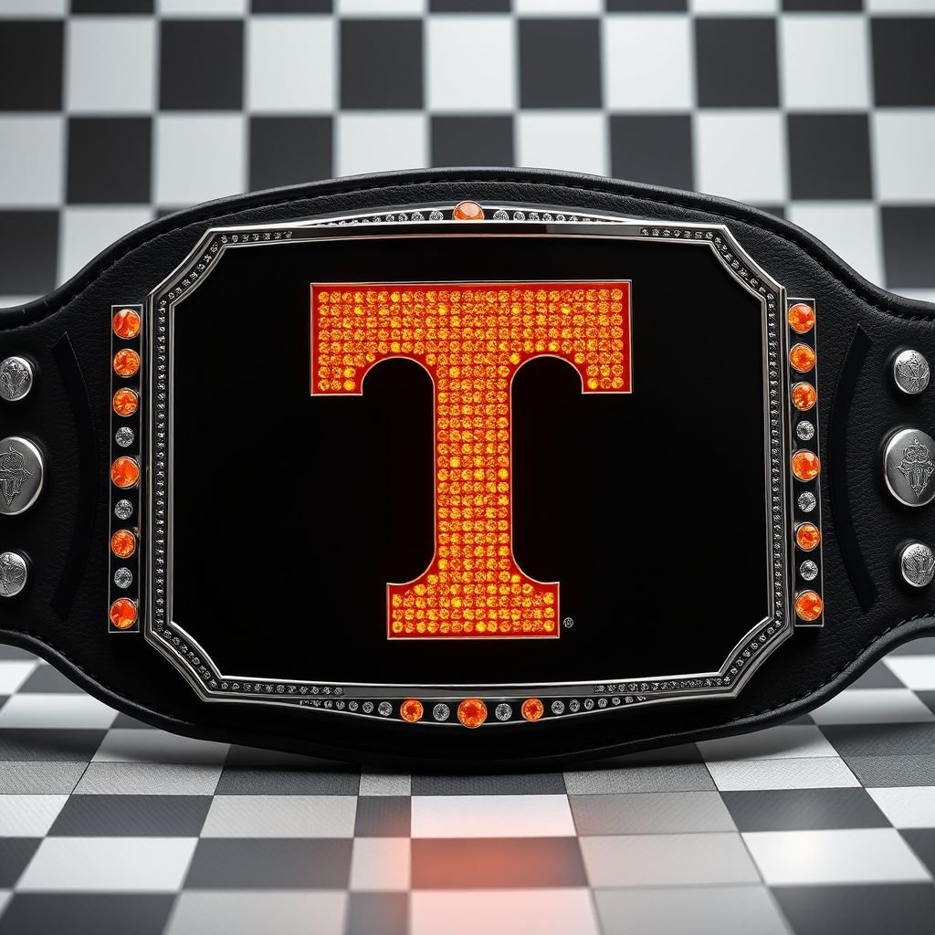 Wrestling belt centerpiece, intricately engraved checkerboard background. Shimmering orange Tennessee Volunteers Power T logo, crafted from luminous orange diamonds, bordered with polished silver trim. Rectangular black plate dominates the design, set against a sleek black strap. Realistic art style captures every detail, exuding grandeur and athletic excellence, large in size, commanding attention.