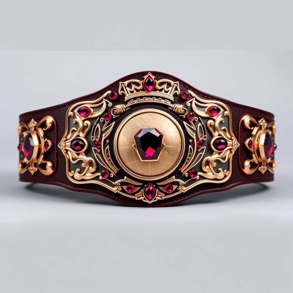 A luxurious wrestling belt crafted from supple leather, adorned with a modern plate design in glimmering rose gold. The strap, a deep, rich hue, enhances the exquisite crown crests and symbols. Radiant ruby gemstones embellish the center, showcasing the globe champion design, perfect for an adult-sized contender. Realistic textures and details elevate the artistry.
