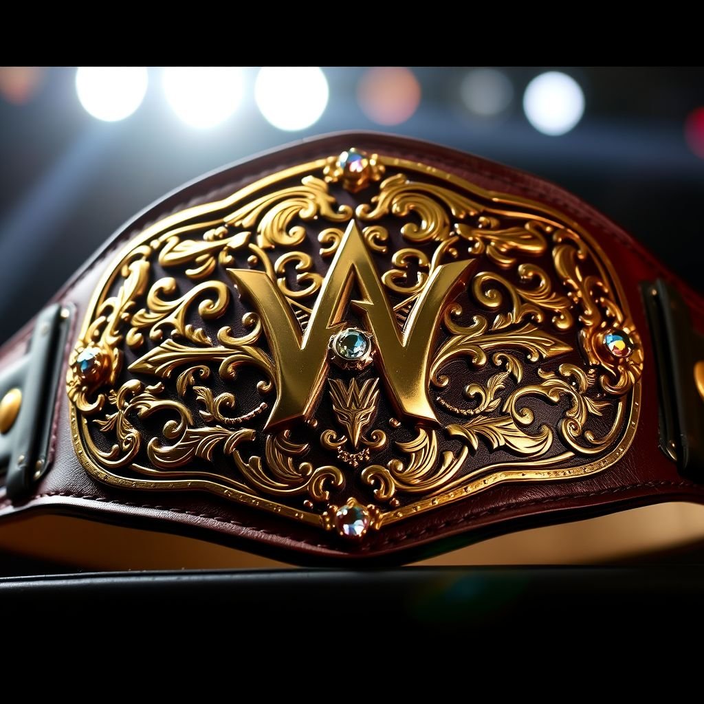 A wrestling belt, showcasing rich, dark brown leather, intricately stitched for durability. Classic plate design gleams with a polished gold finish, ornate patterns embossed across the surface. Gemstone accents twinkle under bright lights, blending elegance with toughness. Straps, wide and sturdy, emphasize a bold presence, ready for champions of the ring.