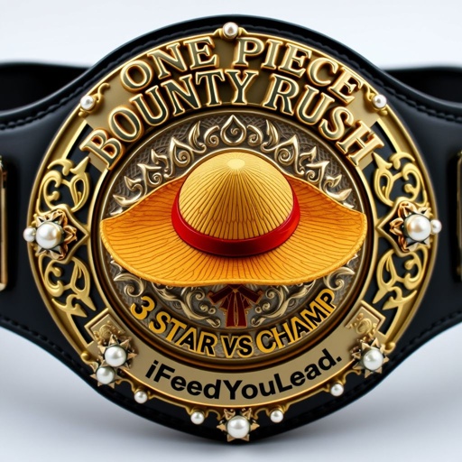 A majestic wrestling belt showcases a vibrant straw hat at its center, emblematic of adventure. Above, bold lettering declares “One Piece Bounty Rush.” Below, “3 Star VS Champ iFeedYouLead” breathes life. Vinyl material gleams with engraved plates, sleek black straps hug, silver plates shine, adorned with pearl gemstones and star crests.