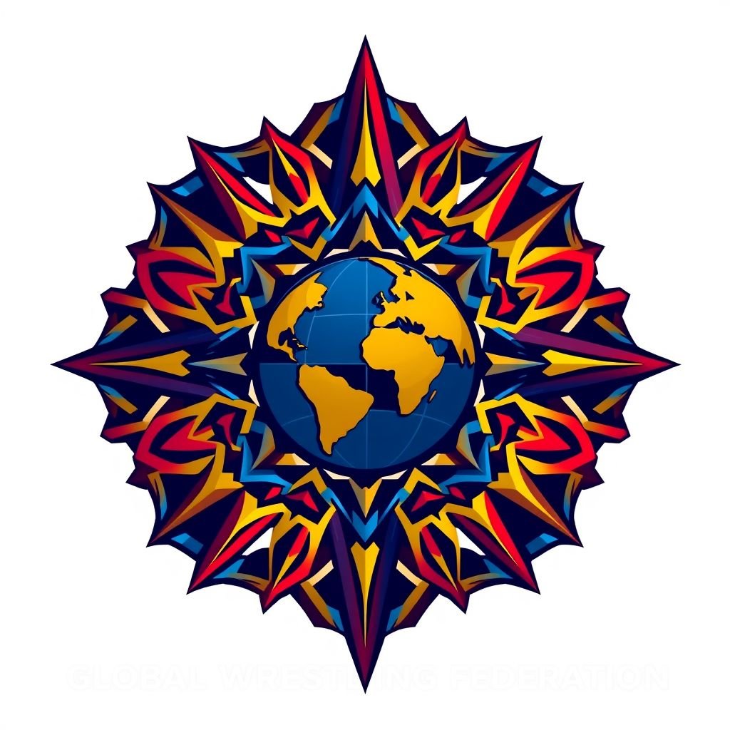 A dynamic logo design for the Global Wrestling Federation, featuring intricate geometric shapes intertwining. Bold colors of red, blue, and gold radiate energy. Abstract complexity highlighted by sharp angles and smooth curves, symbolizing strength and unity. A stylized globe at the center, showcasing diverse wrestling styles from around the world.
