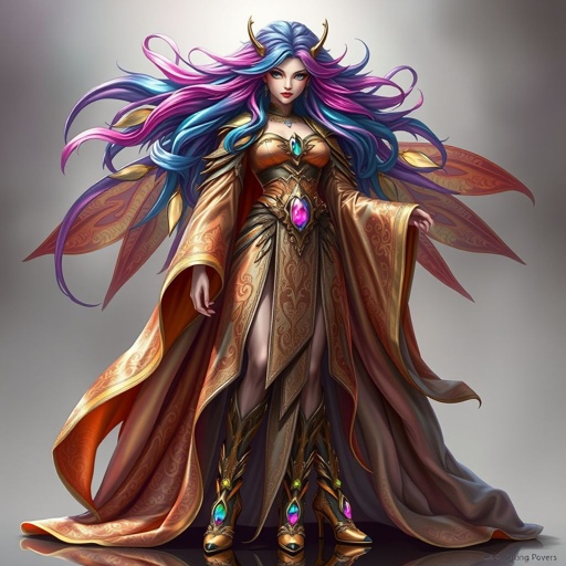 A majestic fantasy character stands tall, draped in shimmering, intricately patterned robes that cascade elegantly to the floor. Gleaming, ornate heels elevate their stature, adorned with gemstones reflecting vibrant colors. Flowing hair, a fusion of vivid hues, frames an enchanting face, featuring piercing eyes that sparkle with ancient wisdom and mystery.