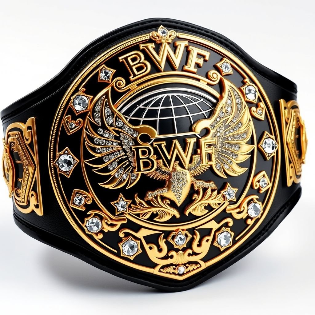 A magnificent wrestling belt, BWF World Heavyweight Champion, crafted from luxurious leather. A sleek black strap, adorned with a striking shield plate featuring a globe champion design. Gleaming gold plate color, intricate diamond gemstones embedded, grand size, and elaborate phoenix crests and symbols, exuding power and prestige in a realistic art style.