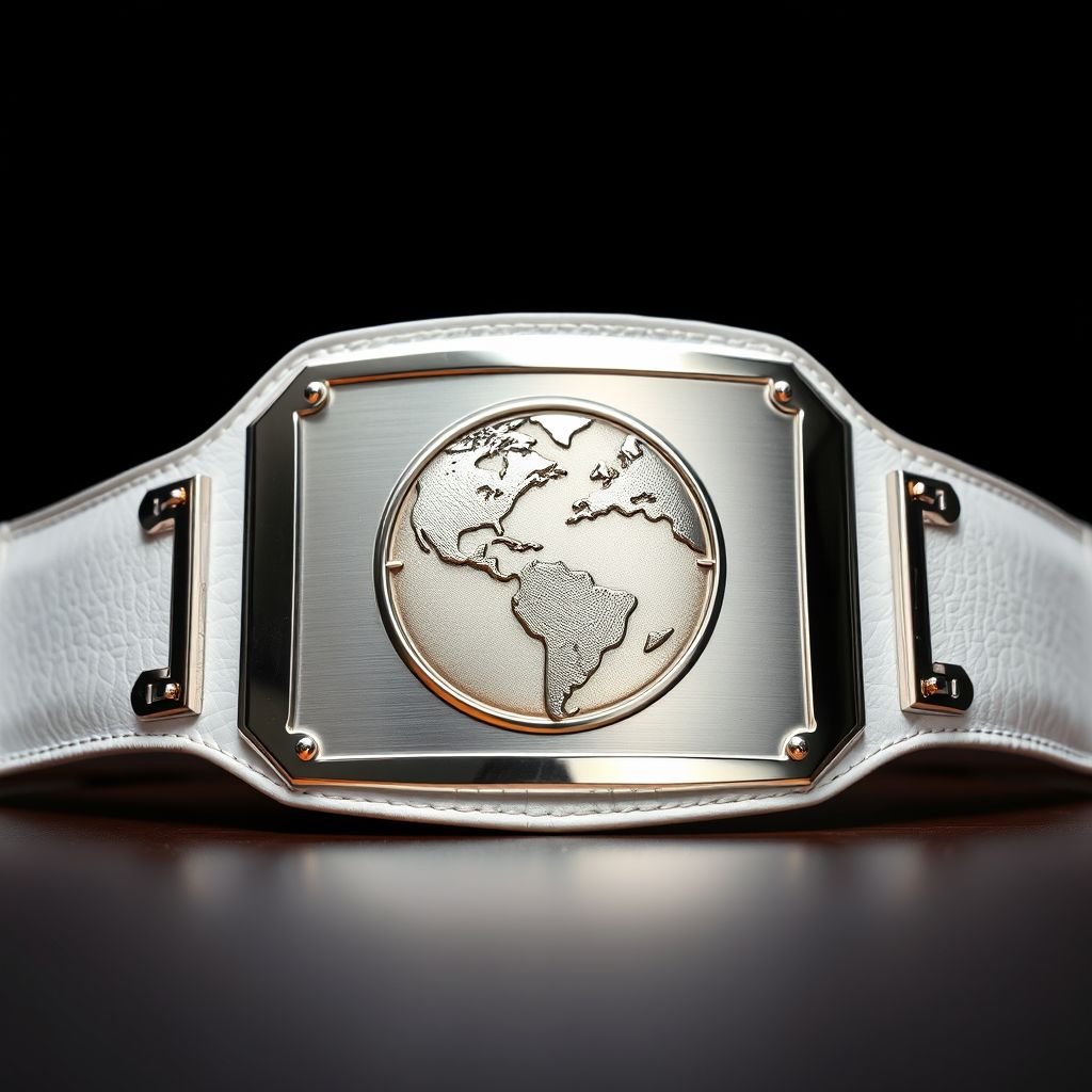 A striking Outercontinental Champion wrestling belt showcased prominently. Rich leather strap in pristine white, contrasting vividly against a polished silver rectangular plate. Modern design highlights a globe etched intricately at the center. No gemstones adorn the belt, emphasizing simplicity and elegance. Extra-large dimensions command attention, ideal for a champion's display.