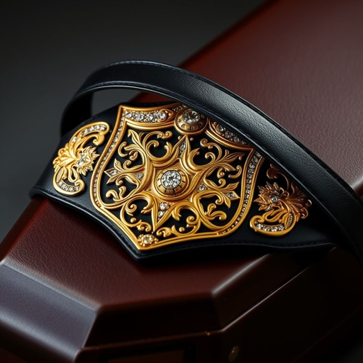 A wrestling belt rests atop an ornate coffin, crafted from rich, supple leather. The strap, deep black in color, contrasts against a classic shield-shaped plate, gleaming in brilliant gold. Intricate gothic patterns adorn the surface, sparkling with cubic zirconia gemstones, reflecting light and adding an air of dark sophistication.