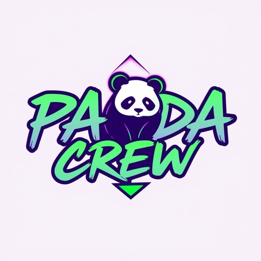 Logo design featuring “PANDA CREW” in unique handwriting text font, bold and playful. Futuristic elements integrated, showcasing sleek lines and geometric shapes. Vibrant color palette of neon greens and purples. Centralized orientation, emphasizing symmetry and balance. Abstract panda silhouette subtly incorporated within the lettering, evoking a sense of community and fun.