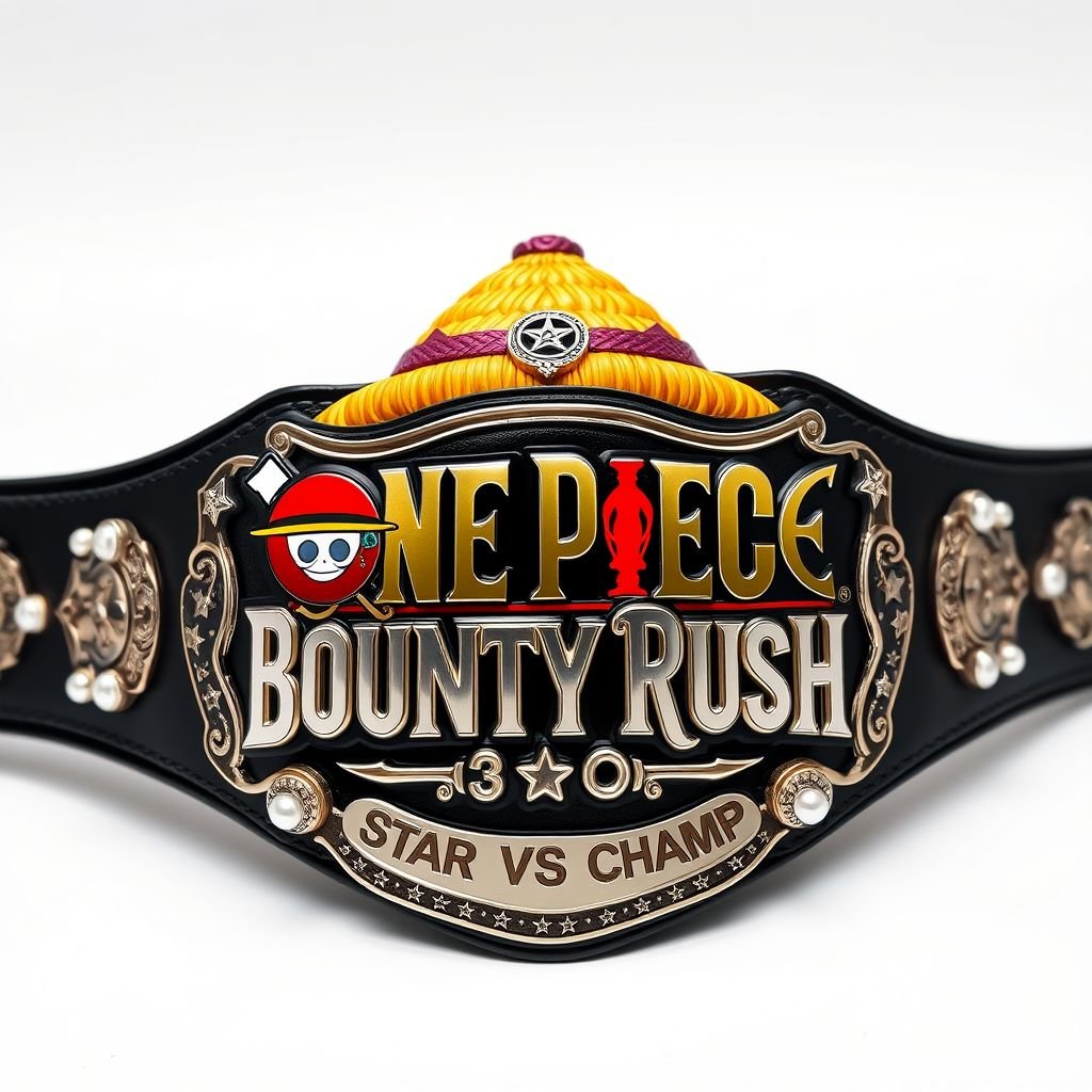 A wrestling belt centered around a vibrant straw hat inspired by “One Piece.” Above the hat, bold letters proclaim “One Piece Bounty Rush.” Below, elegant lettering reads “3 Star VS Champ iFeedYouLead.” A glossy black strap, luxurious vinyl texture, silver engraved plates, intricate star crests, and sparkling pearl gemstones complete the championship aesthetic.