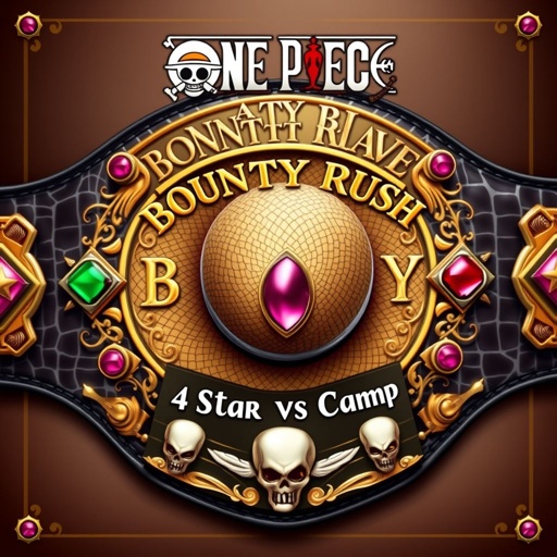 A luxurious wrestling belt with an alligator skin texture. Centered, a straw hat from “One Piece”. Above, the words “One Piece Bounty Rush” in bold, ornate lettering. Below, “4 Star VS Champ iFeedYouLead” elegantly designed. Gold plates adorned with ruby gemstones, multicolor accents, star-shaped plates, intricate skull crests, and symbols. Realistic art style.