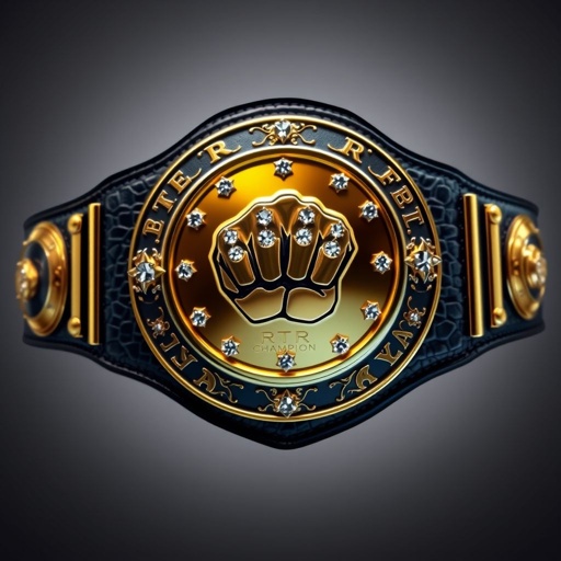 A grand wrestling belt, RTR Champion, showcasing an intricate leather texture. Bold black strap enveloping a circular gold plate, polished and gleaming. Engraved details surrounding a striking fist champion design, adorned with sparkling diamond gemstones. Pop Art style influences infuse vibrant colors, creating a statement piece of extra-large proportions. 