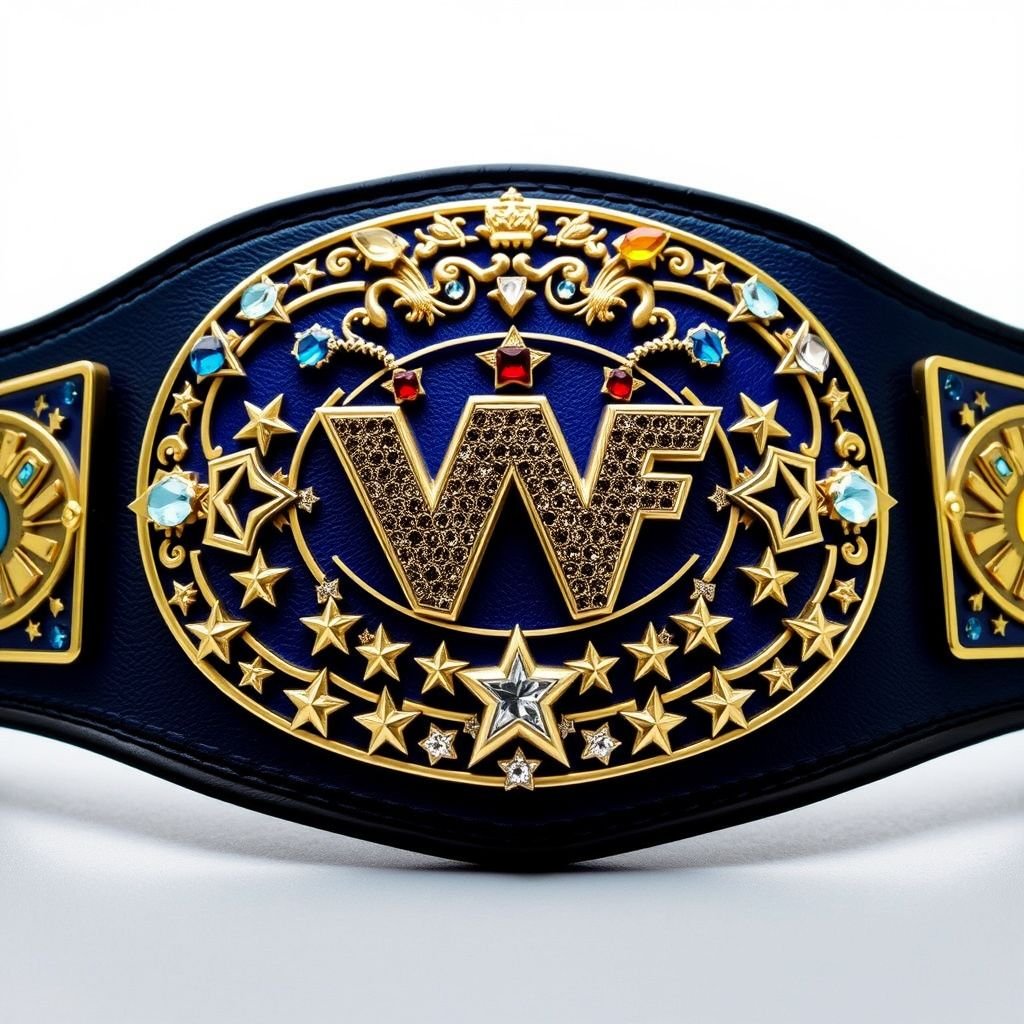 A wrestling belt, VWF Universal World Championship, showcases a grand blue design, combining elements from iconic titles. Intricate plates adorned with multicolored gems—blue, red, white, yellow—sit atop a field of white stars. Navy blue side plates flank a luxurious black leather strap, featuring globe champions, diamond accents, and striking star crests.