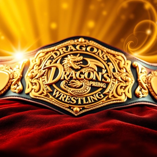 A dazzling championship belt rests atop a richly textured velvet surface. The Dragon's Pro Wrestling logo, intricately embossed, gleams against a backdrop of shimmering gold. Surrounding the belt, swirling patterns of light capture the essence of triumph. The vibrant gold color scheme radiates prestige, evoking a sense of honor and excitement.