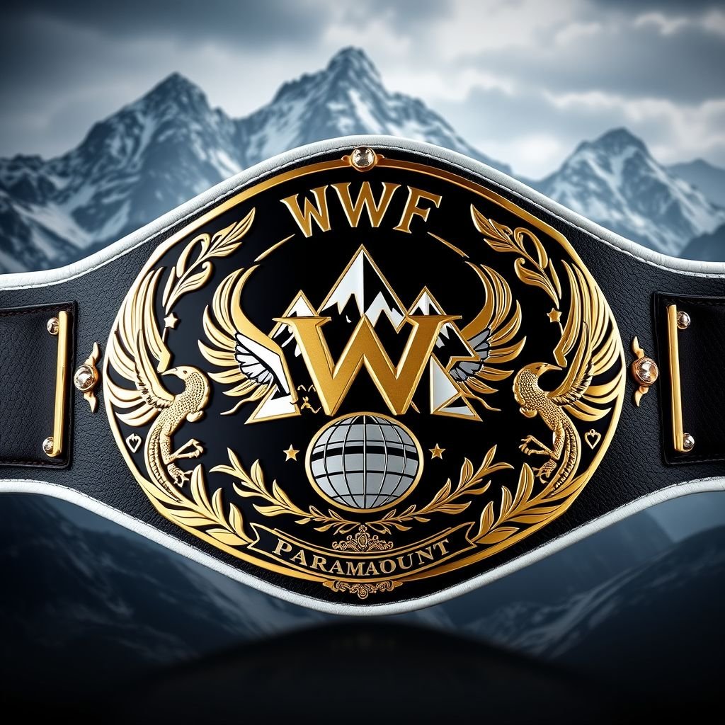 A striking wrestling belt showcases the VWF Paramount championship. Black metal center plate adorned with gold and white mountain peak engravings. Oval shape, dominant black finish. White leather strap enhances elegance. Globe champion design, diamond gemstones twinkle. Phoenix crests and symbolic imagery intertwine, conveying strength and victory against a dramatic, mountainous backdrop.