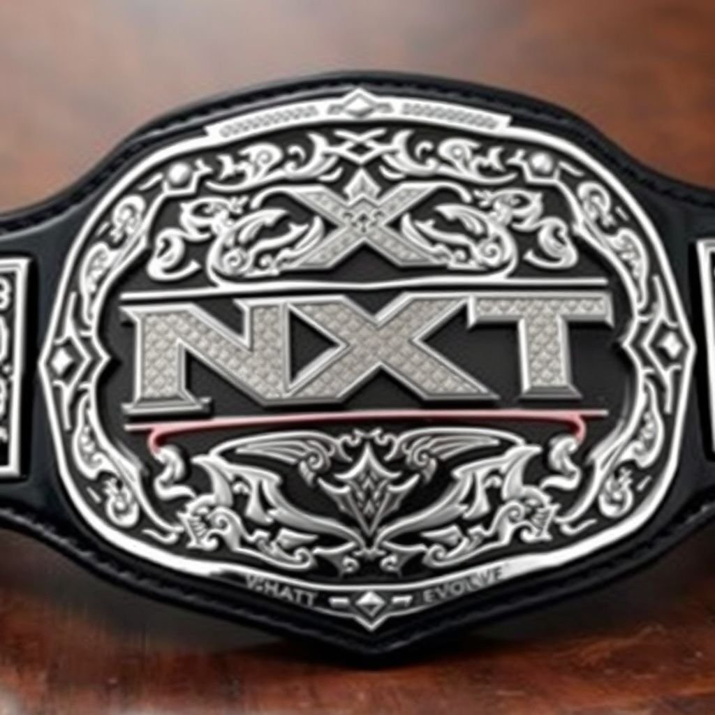 A prestigious wrestling belt, NXT EVOLVE Champion. Thick leather belt material, polished black strap color. Intricate shapes on the plate, showcasing a unique, shimmering silver hue. Engraved logos and ornate patterns, capturing the essence of victory. A striking focal point, exuding power and prestige, ideal for any wrestling aficionado.