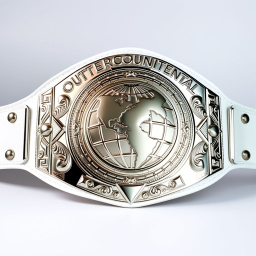 An Outercontinental Champion wrestling belt, defined by a luxurious white leather strap, gleaming silver plates arranged in a bold rectangular shape. The centerpiece showcases a captivating globe champion design, exuding power. An immaculate finish, devoid of gemstones, emphasizes elegance, while the extra-large size commands attention, embodying strength and prowess in the wrestling arena.