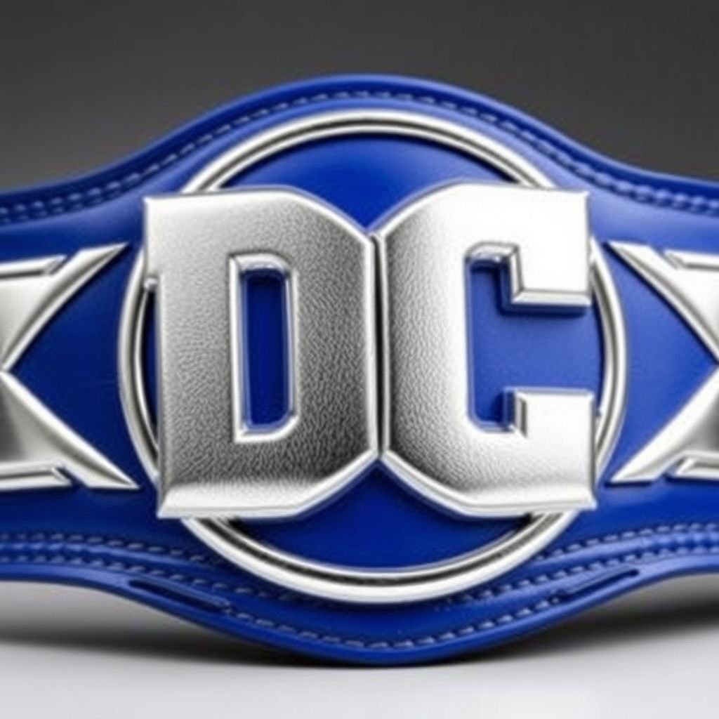 A vibrant wrestling belt featuring a large, bold DC logo, gleaming in metallic silver. The strap, a rich sapphire blue, contrasts beautifully with the shiny emblem. Stitched detailing adds texture, and an adjustable clasp ensures a perfect fit. A blend of athleticism and comic book nostalgia, ideal for collectors and fans alike.