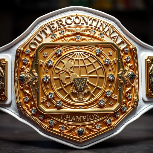A majestic wrestling belt showcased prominently, a symbol of power. Outercontinental Champion engraved, a pristine white leather strap, robust and luxurious. Rectangular gold plate gleaming with intricate globe design, adorned with shimmering crystal gemstones. Extra-large size, featuring star crests and symbols, an embodiment of triumph and glory, rich in detail.