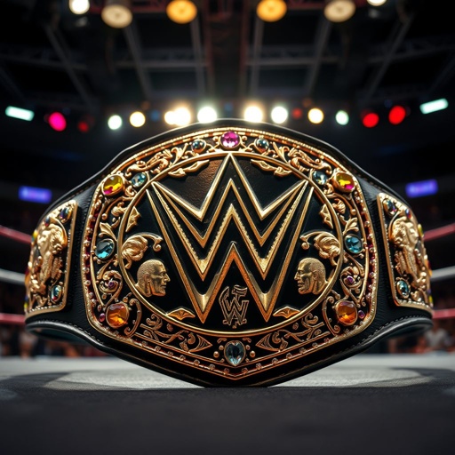 A championship wrestling belt, shimmering in rich gold and silver tones. Intricate leather straps, adorned with vibrant gems reflecting bold colors. Emblems of strength and valor engraved, showcasing iconic wrestling figures. A backdrop of a dramatic wrestling ring, bright overhead lights casting shadows. Audience anticipation fills the air with excitement.