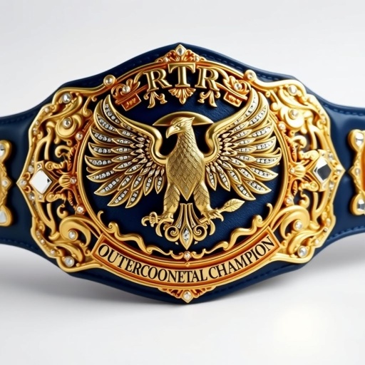A dazzling wrestling belt featuring intricate gold and silver designs, studded with glimmering gemstones. The central emblem depicts a majestic eagle, wings spread wide, grasping a globe. Rich, deep-blue leather, elegantly embossed with "RTR Outercontinental Champion." An aura of prestige, power, and victory surrounds this championship masterpiece, beckoning admiration.