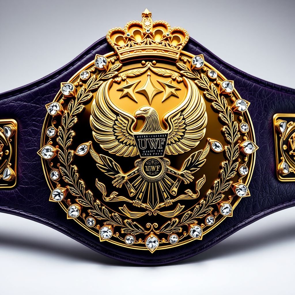 A lavish UWF World Heavyweight Championship wrestling belt. Dark purple leather strap, rich and regal. Large, intricate main plate, a deep, opulent gold. Ornate eagle and laurel motifs, embodying strength and victory. Diamond gemstones adorning the edges, sparkling under light. Elegant crown crests and symbols, signifying prestige, commanding presence. Grand and iconic.