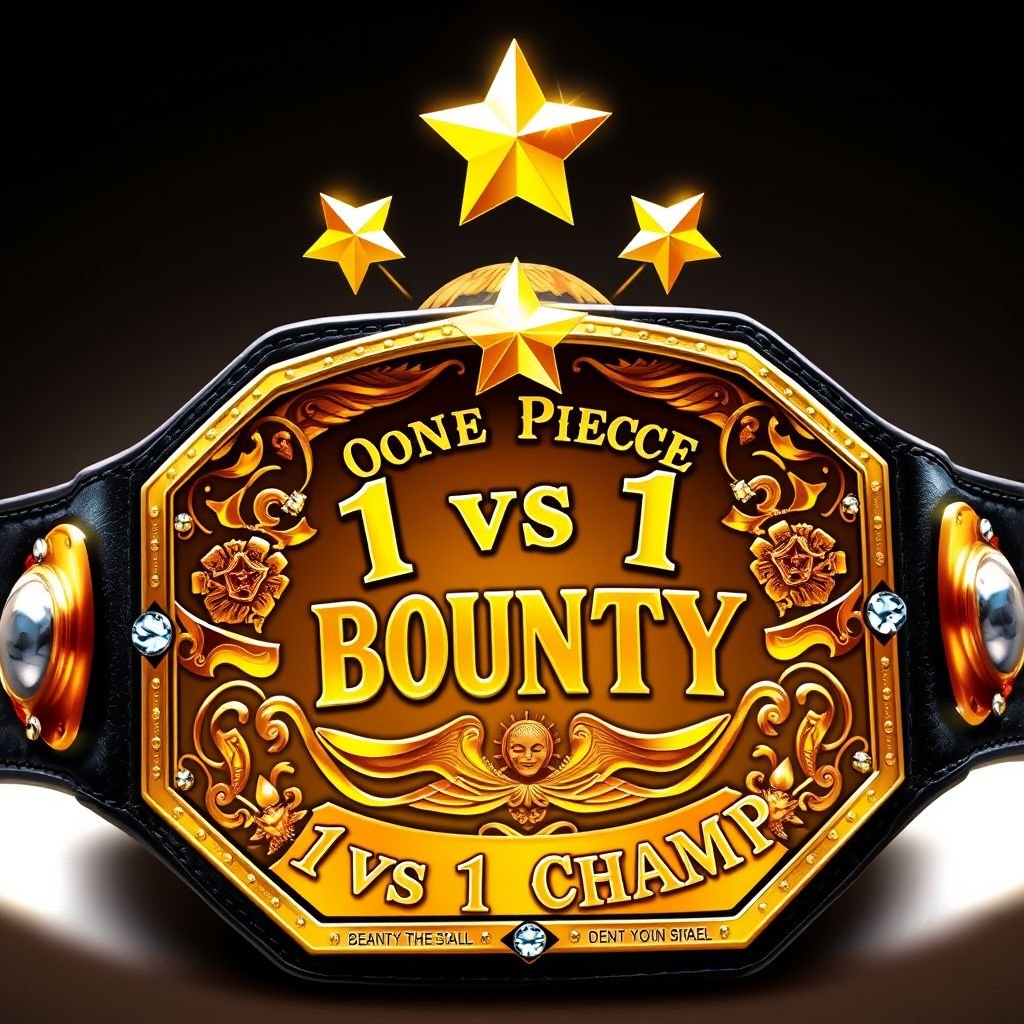 A wrestling belt centered with an iconic straw hat, adorned with two golden stars gleaming atop. Above, the elegant inscription “iFeedYouLead” and “One Piece Bounty Rush,” below the hat, “1 vs 1 Champ” shines. A leather belt, black strap, octagon bronze plate, intricately engraved, embellished with sparkling crystal gemstones, regal crown crests, and vibrant symbols. Realistic art style highlights the grandeur of the design.