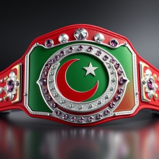 Championship belt featuring the vibrant green and white of the Pakistan flag, crafted from shimmering silver material. Striking studded strap design accentuated by an abstract plate shape. Red and silver color scheme intertwined with sparkling amethysts. Narrow size complemented by bold 3D side plates enhancing the overall grandeur and elegance.