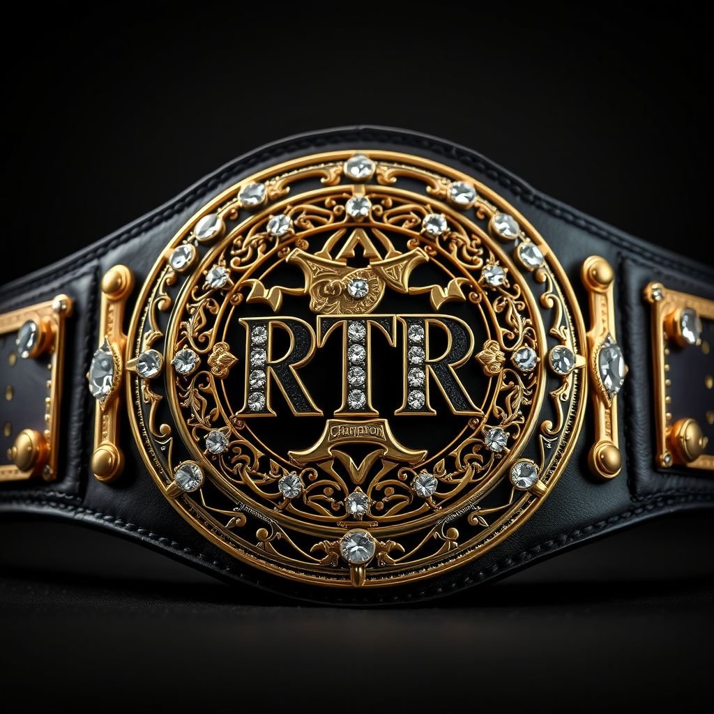 A grand wrestling belt, RTR Champion, crafted from supple black leather. An intricately engraved circular gold plate, adorned with shimmering diamond gemstones, shimmers under the spotlight. Extra-large size, emphasizing dominance. The fist champion design exudes strength, while the absence of crests and symbols enhances its elegant, streamlined beauty, showcasing raw power.