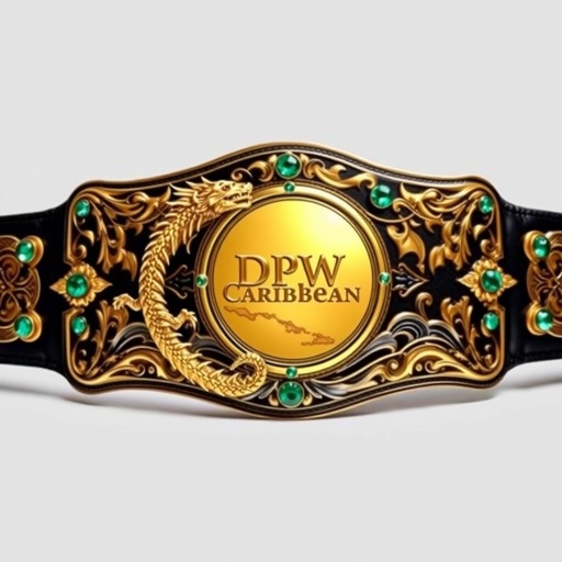 A magnificent wrestling belt featuring a gold dragon intertwined with waves of a Caribbean map. DPW Caribbean text elegantly embossed on a circular gold plate. Edgy, intricate patterns in gothic art style adorn the metal belt material. A sleek black strap contrasts beautifully, adorned with sparkling emerald gemstones that shimmer brightly.