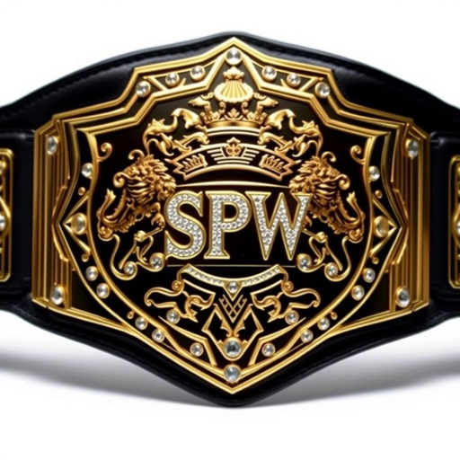 A striking wrestling belt showcases the SPW World Heavyweight Champion title. Made of premium leather, the broad black strap supports an edgy shield-shaped plate. A luxurious gold finish gleams, accented by sparkling rhinestone gemstones. Fierce lion champion designs and intricate crests adorn the centerpiece, embodying strength and triumph in a realistic art style.