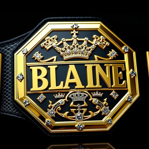 A wrestling belt prominently features the name "BLAINE" engraved on a polished gold nameplate. Snake skin texture enhances the belt’s allure, complemented by a sleek black strap. An octagon-shaped plate gleams with intricately designed crown champion motifs, adorned with sparkling diamond gemstones. Crown crests and symbols enrich the luxury aesthetics.