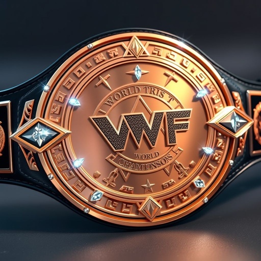 A striking wrestling belt, VWF World Trios championships, gleaming rose gold main plate with intricate engravings. Triangular motifs adorned with shimmering triangle gems shine brightly. Black leather strap enhances the modern circular design. Diamond gemstones sparkle alongside crests and symbols. A powerful, large presence, embodying strength and prestige, rests prominently. 