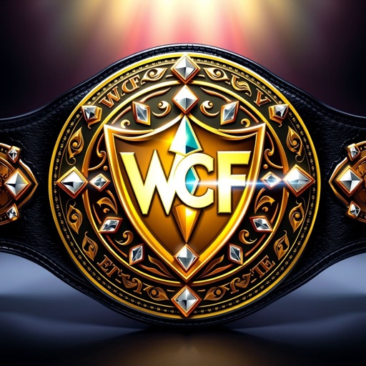 A striking wrestling belt with WCF Ultimate Championship insignia. The leather belt material glistens in a deep black hue. A modern, bold shield plate design showcases radiant gold color, surrounded by intricate engravings. Diamond gemstones adorn the plate, reflecting light. A vibrant anime art style enhances the dynamic aura of victory.