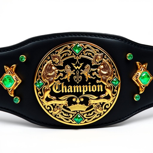 A striking wrestling belt crafted from supple black leather, featuring a circular gold plate that gleams with opulence. An intricate "Champion" design is emblazoned, surrounded by majestic lion crests. Emerald gemstones sparkle at each corner, enhancing the modern artistic flair. Realistic details capture the essence of victory and prestige.