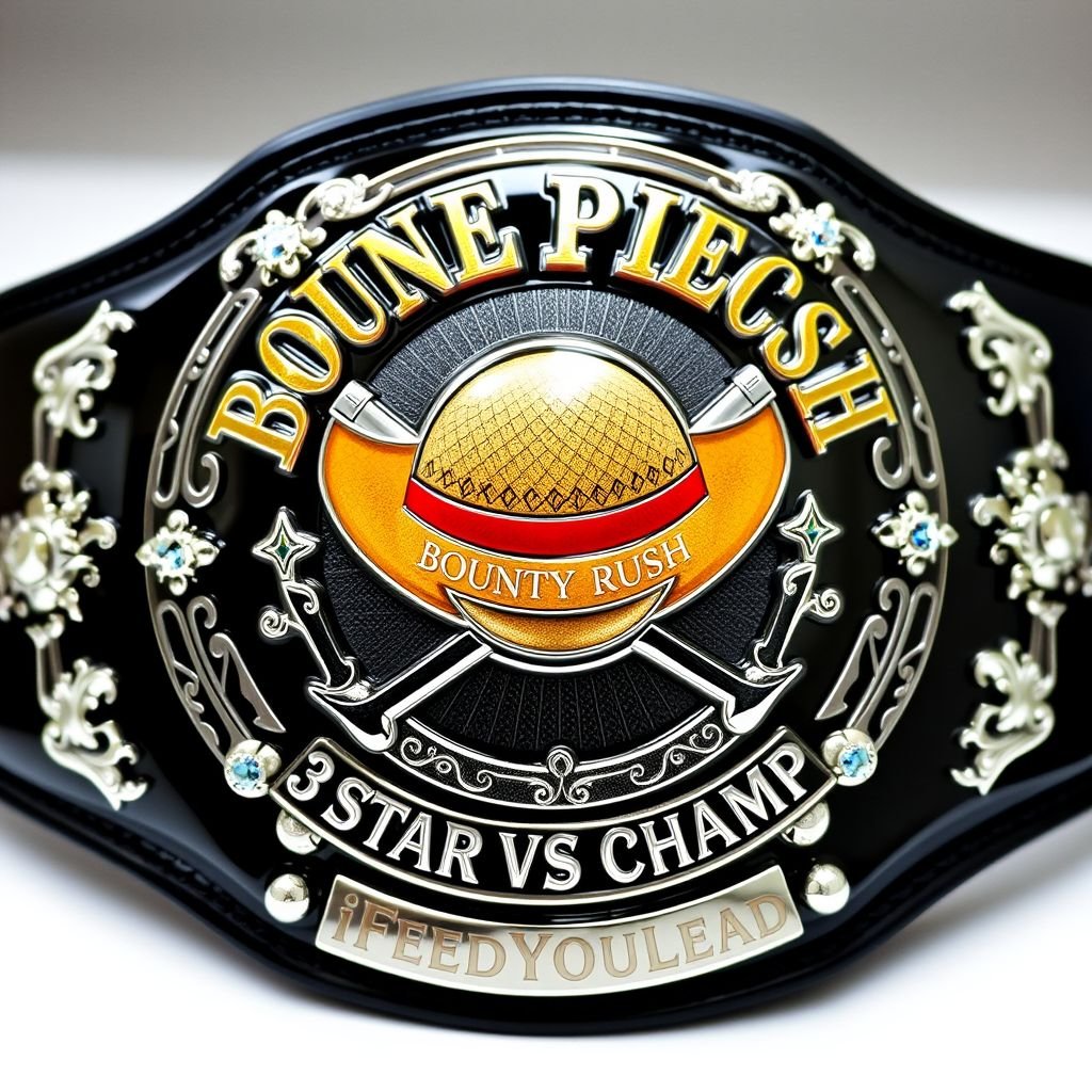 A striking wrestling belt, crafted from glossy vinyl, features a centered Straw Hat from “One Piece.” Above the hat, bold letters proclaim “One Piece Bounty Rush.” Below, “3 Star VS Champ iFeedYouLead” shines elegantly. A black strap, silver engraved plate, intricate star crests, and gemstones embellish this champion design, exuding grandeur.