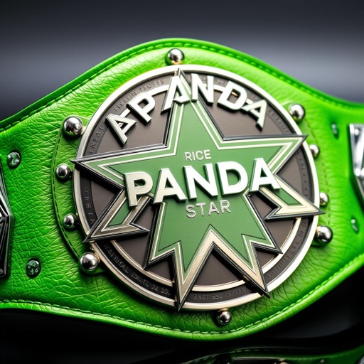 A wrestling belt featuring a striking design, emblazoned with the words "PANDA Rising Star." Luxurious leather material, with a bold green strap, showcases a modern star-shaped plate. Gleaming silver accents draw attention, highlighting intricate engravings. The overall aesthetic exudes strength and elegance, combining vibrant colors with contemporary flair, perfect for champions.