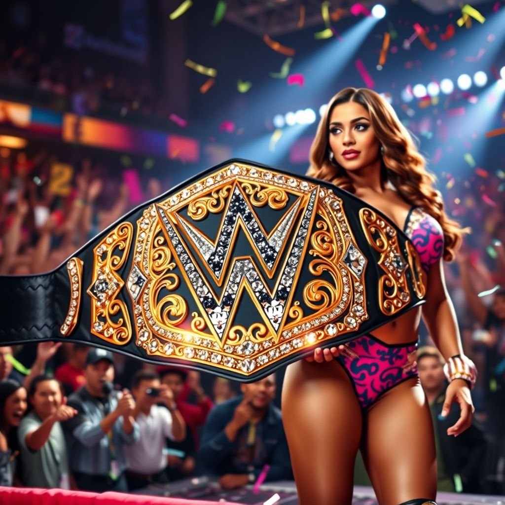 A dazzling wrestling belt adorned with intricate golden designs, glimmering under bright arena lights. The centerpiece features a bold “M” emblem, styled in luxurious silver. Satin black straps accentuate the elegance. Nearby, Mercedes Moné stands confidently, her vibrant outfit radiating charisma, surrounded by a flurry of colorful, cheering fans and sparkling confetti.