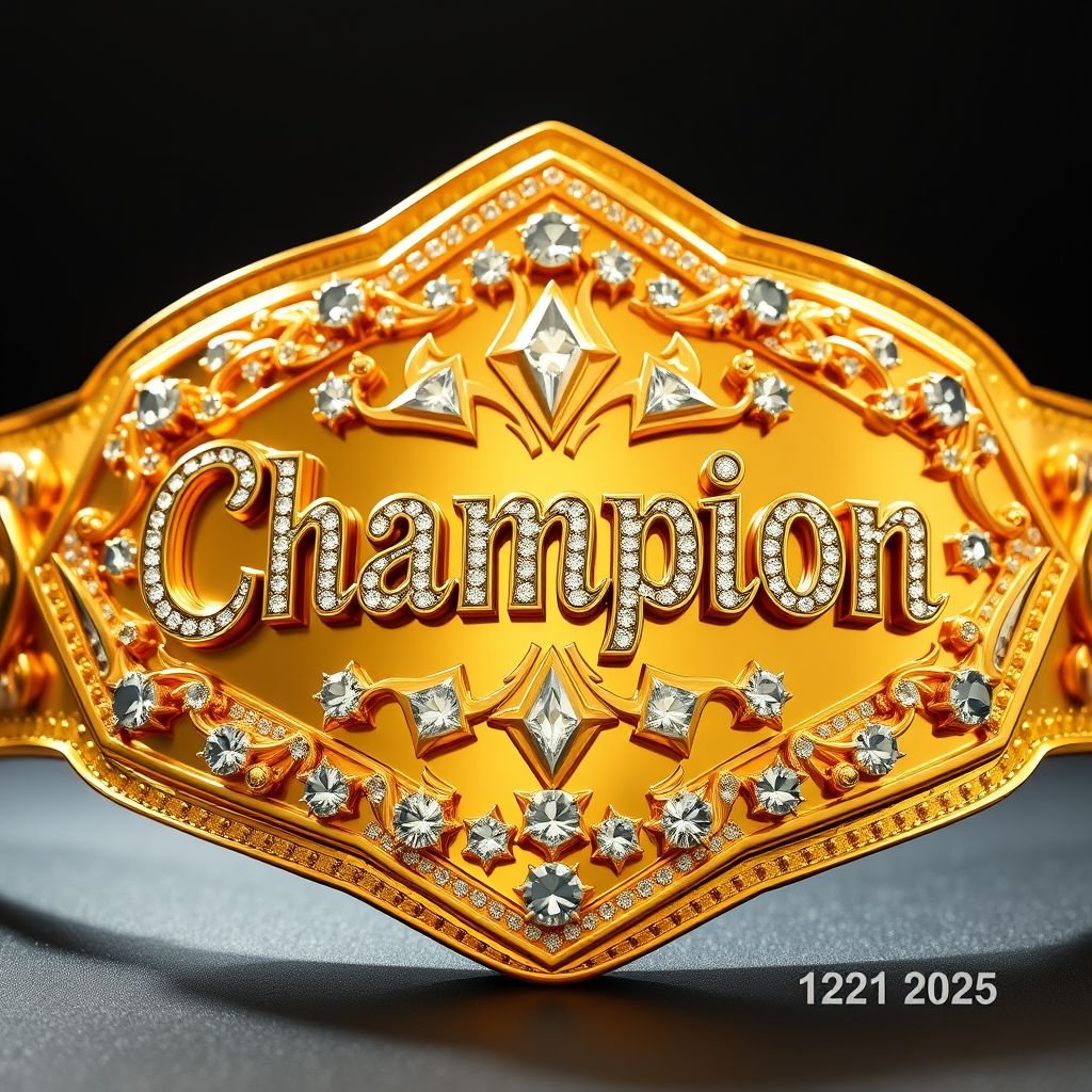 A gleaming wrestling belt, intricately designed in the shape of a diamond plate. Radiant gold plating shines under bright lights, accentuating the bold “Champion” text embossed in the center. Surrounding the letters, an array of sparkling diamond gemstones glisten, catching the eye. 1221 Bowl 2025 engraved subtly on the side.