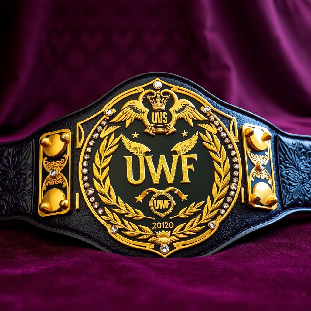 A UWF World Heavyweight Championship wrestling belt lies prominently against a luxurious velvet backdrop. The dark purple leather strap, rich and textured, frames an intricately engraved darker gold main plate. Golden laurel motifs, majestic eagles, and glimmering diamond gemstones adorn the vintage design. Eight small gold side plates accentuate the grandeur, embodying champion prestige.