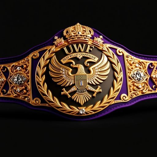 A UWF World Heavyweight Championship wrestling belt exhibits a striking dark purple strap, exuding elegance and power. The large main plate, a darker gold, features intricate eagle and laurel motifs, glimmering with diamond gemstones. Vintage design elements showcase an elaborate plate shape, crowned with regal crests and symbols, embodying championship prestige.